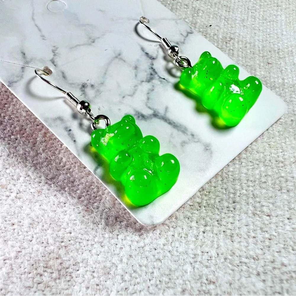 Cute Handmade‎ Gummy Bear Earrings Gift Colourful Kawaii Sweets Green